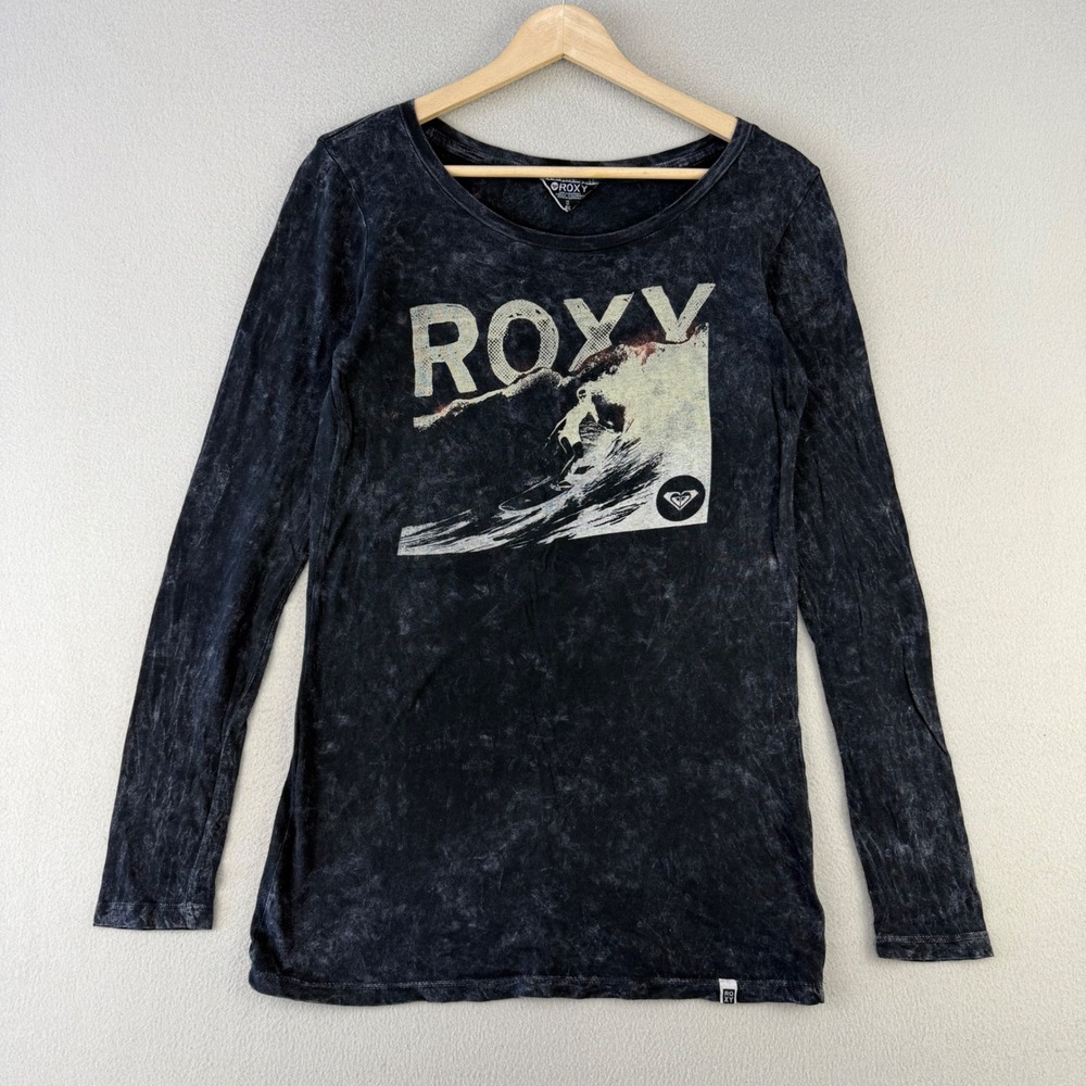 Vintage Roxy T-Shirt Womens XS Acid Wash Black Surf Graphic Long Sleeve Tee Y2K